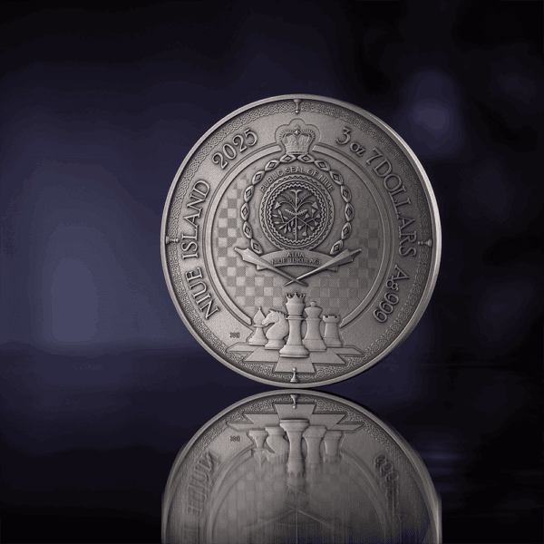 A close-up, back view of the 2025 Niue Chess Battle Kings Gambit 3 oz silver coin. The coin, with its antiqued finish, shows the Niue coat of arms. It is presented on a dark background with a slight reflection.