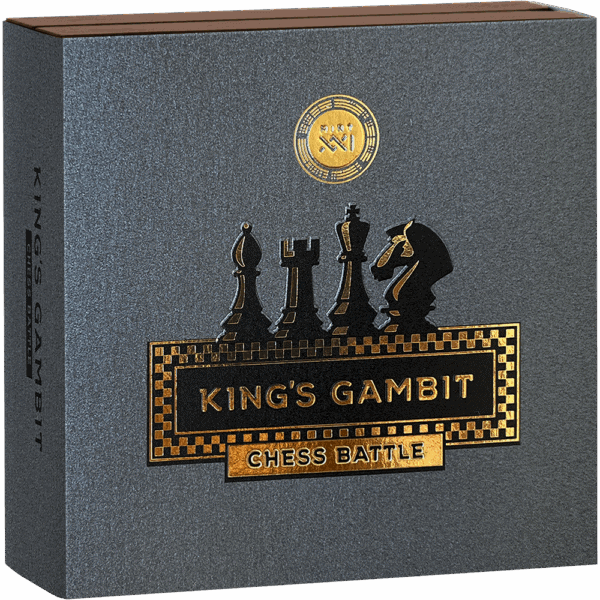 A close-up of the presentation box for the 2025 Niue Chess Battle Kings Gambit 3 oz silver coin. The box is grey with a gold-colored plaque on the front that says "KING'S GAMBIT" with a chess king and queen piece.