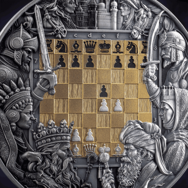A close-up, front view of the 2025 Niue Chess Battle Kings Gambit 3 oz silver coin. The coin is zoomed in on the chessboard, showing the highly detailed, 24k gilded chess pieces and board squares.