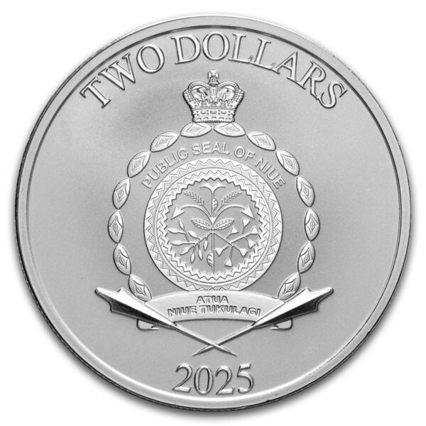 Reverse of 2025 Niue Marvel Iron Man vs. Ultron 1oz Silver Bullion Coin; features crowned emblem with crossed swords and wreath; “TWO DOLLARS” and “2025” inscribed.