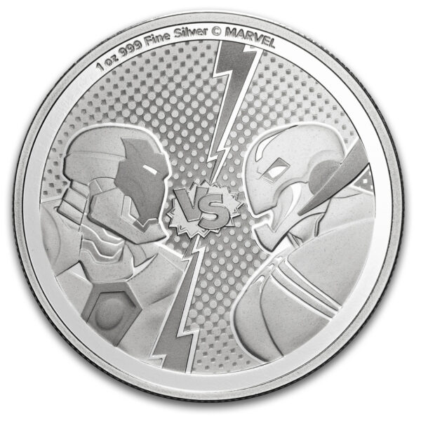 2025 Niue Marvel Iron Man vs. Ultron 1oz Silver Bullion Coin; features detailed engravings of Iron Man and Ultron facing off with lightning bolt between them; “1 oz 999 Silver © Marvel” inscribed.