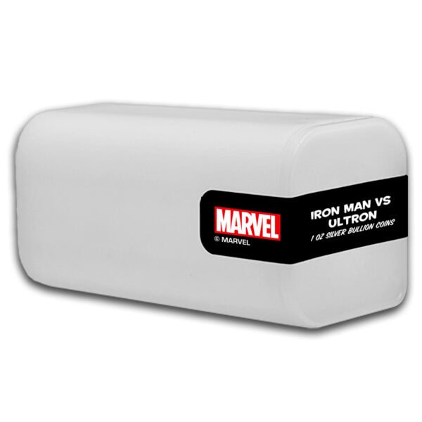White coin tube with black Marvel label; text reads “IRON MAN VS ULTRON 1 OZ SILVER”; designed for storing 2025 Niue Marvel bullion coins