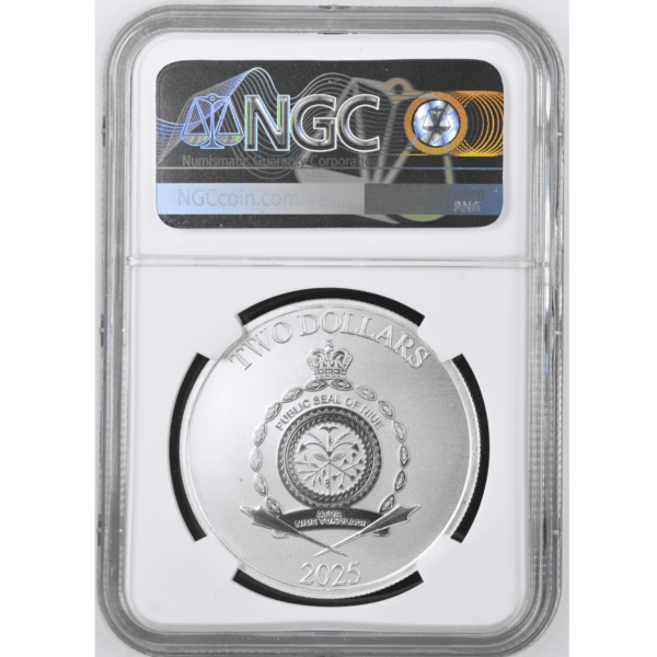 2025 Niue Star Wars Luke Skywalker 1oz Silver BU Coin graded MS 70 by NGC; features Luke Skywalker design, “2025” date, and “2 DOLLARS” denomination in certified holder.