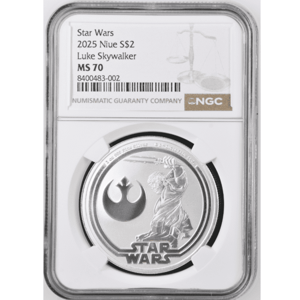 2025 Niue Star Wars Luke Skywalker 1oz Silver BU Coin graded MS 70 by NGC; features Luke Skywalker portrait and Star Wars logo in protective holder.