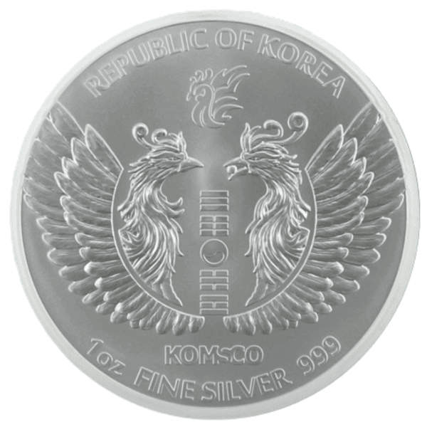 Back view of 2025 Korean Phoenix 1 oz silver coin with twin phoenixes and purity markings