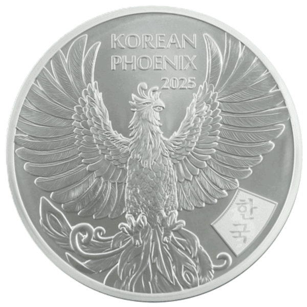 Front view of 2025 Korean Phoenix 1 oz silver coin with intricate phoenix design