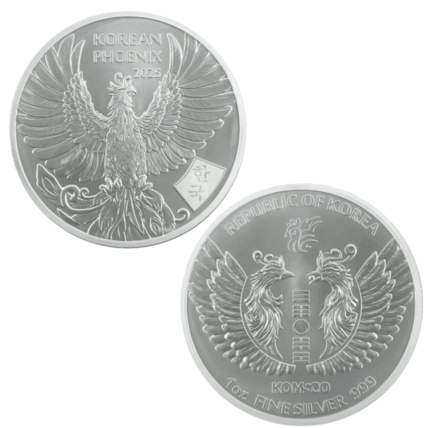 Front and back view of 2025 Korean Phoenix 1 oz silver coin with intricate phoenix designs and national inscriptions
