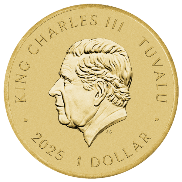 Reverse side of 2025 Tuvalu SpongeBob collector coin featuring King Charles III and 1 Dollar denomination.