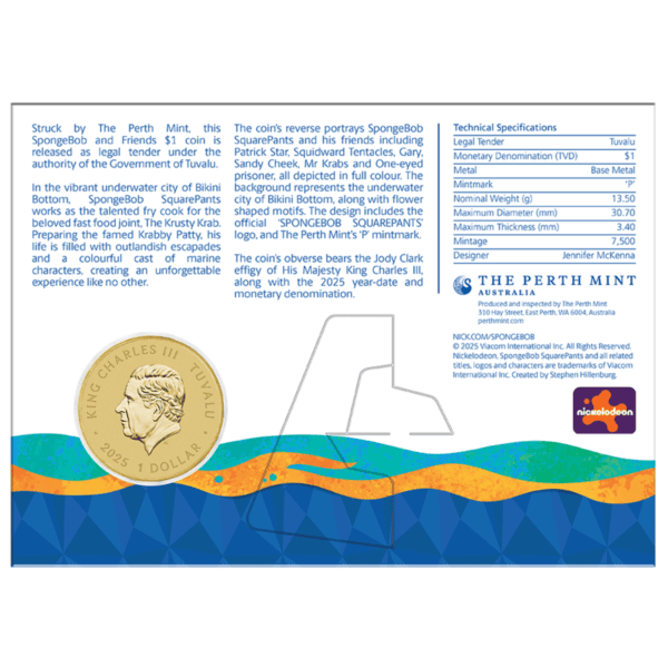Back card of the 2025 Tuvalu SpongeBob SquarePants and Friends 13.5g Base Metal Collector Coin