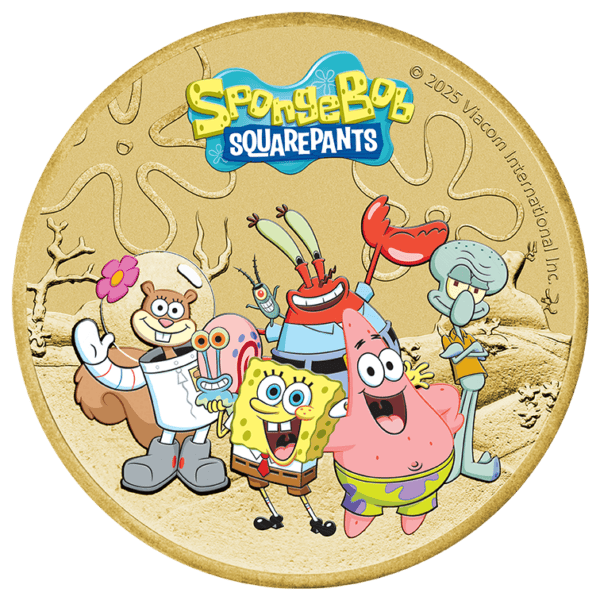 2025 Tuvalu SpongeBob SquarePants and Friends 13.5g Base Metal Collector Coin featuring SpongeBob, Patrick, Sandy, Mr. Krabs, and Squidward