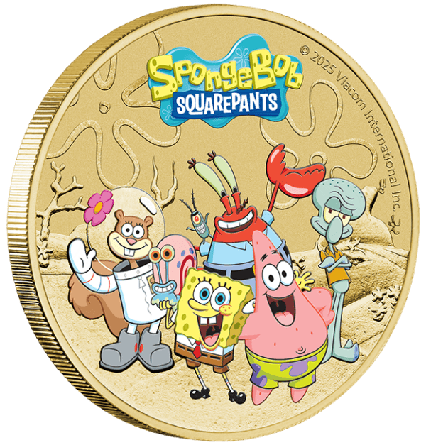 2025 Tuvalu SpongeBob and Friends collector coin featuring SpongeBob, Patrick, Mr. Krabs, and Squidward.