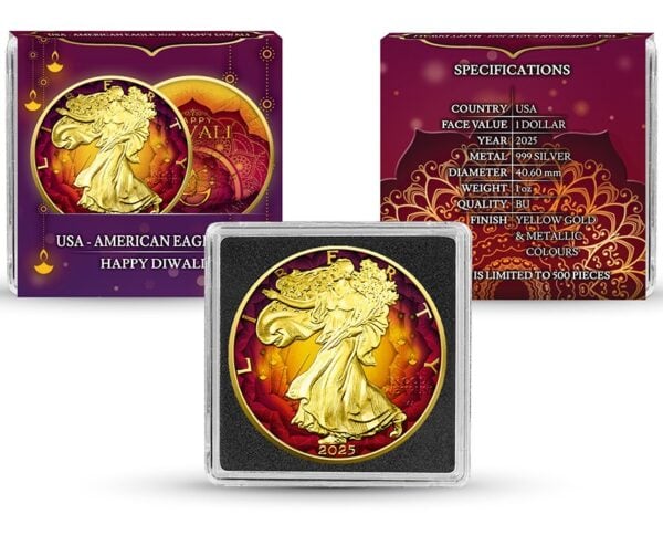 Complete packaging of 2025 American Eagle Diwali 1 oz Silver Coin featuring display case and decorative inserts with festive designs and text.