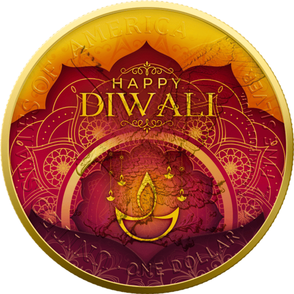 Reverse of 2025 American Eagle Diwali Silver Coin featuring “HAPPY DIWALI” text, a lit Diya, and ornate festive patterns on a yellow-to-red gradient background.