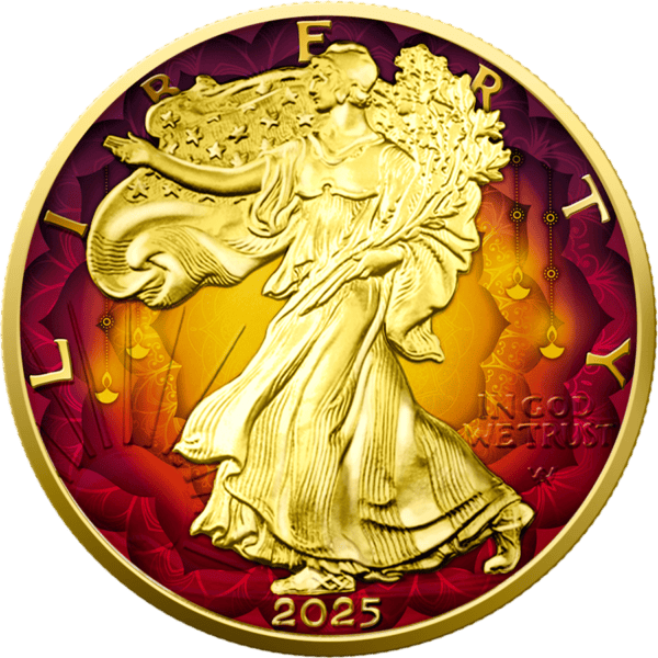2025 American Eagle Diwali 1 oz Silver Coin featuring Liberty in flowing robes, with red and yellow colorized background and gilded edges.