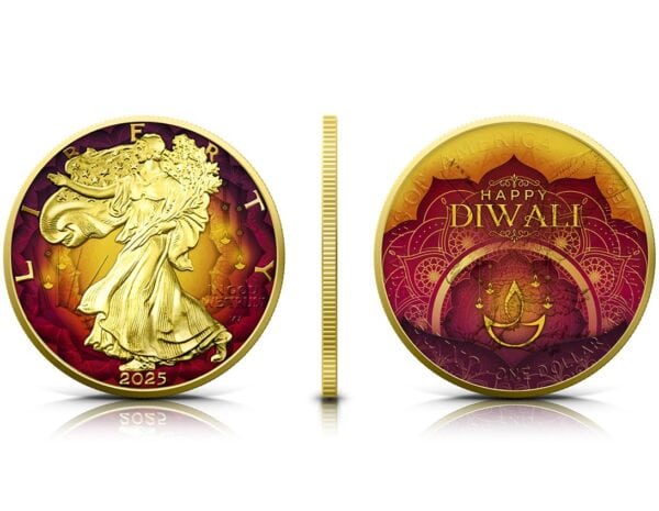 Front and back of 2025 American Eagle Diwali 1 oz Silver Coin featuring gilded Lady Liberty and ornate Diwali-themed reverse with “DIWALI” text and festive patterns.