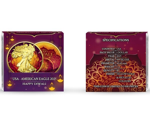 2025 United States American Eagle Diwali 1 oz Silver Metallic Colorized Gilded Coin - Image 5