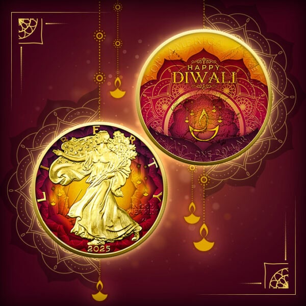 Dual-view of 2025 American Eagle Diwali Silver Coins showing gilded Lady Liberty on one side and ornate Diwali-themed design with “DIWALI” text on the other, set against a dark red background.