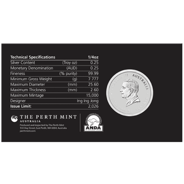 Reverse of 2026 Australia ANDA Lunar Year of the Horse 0.25oz silver colorized coin card with coin specifications and Perth Mint attribution.