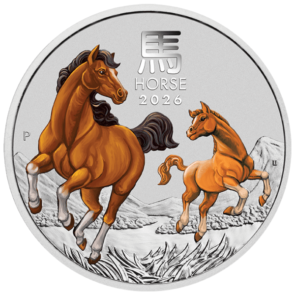 2026 Australia ANDA Lunar Year of the Horse 0.25oz silver colorized coin with two galloping horses and mountain landscape.
