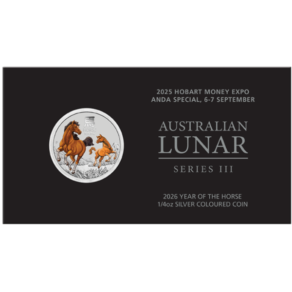 2026 Australia ANDA Lunar Year of the Horse 0.25oz silver colorized coin in card with horse illustration and Sydney Money Expo details.