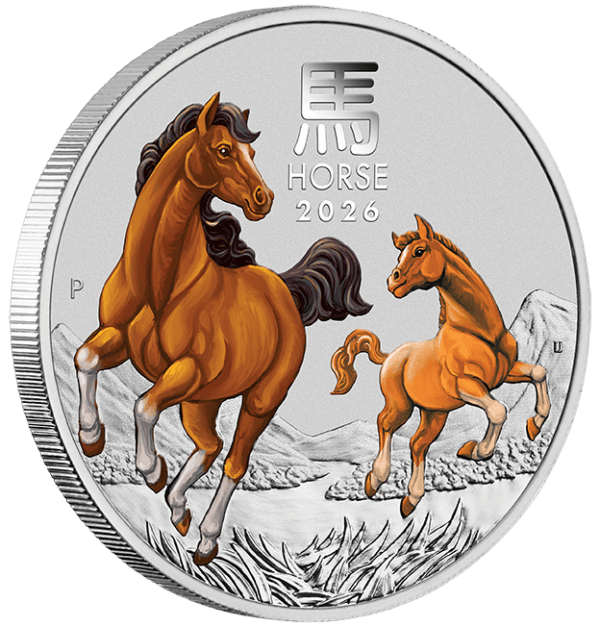 2026 Australia ANDA Lunar Year of the Horse 1oz silver colorized coin side view with two horses in motion and scenic background.
