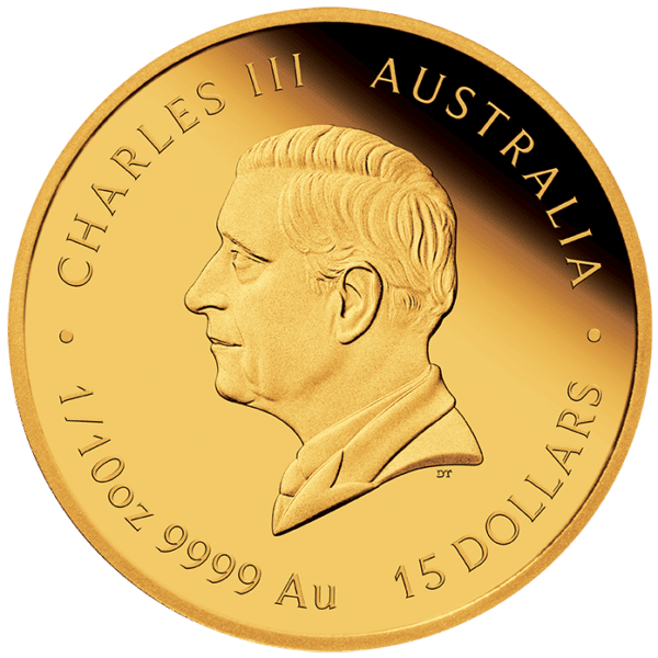 2026 Australia Lunar Series III Year of the Horse 1/10oz gold proof coin reverse with Charles III portrait, denomination, and gold specifications.