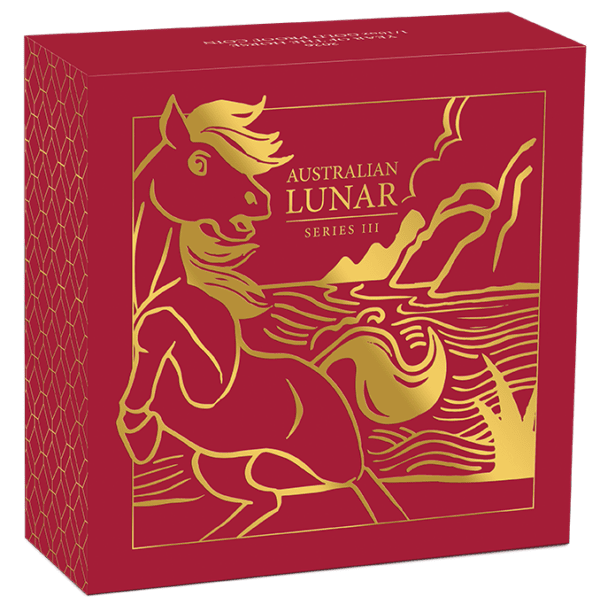 Red and gold outer box for the 2026 Australia Lunar Series III Year of the Horse 1/10oz gold proof coin, featuring stylized horse and wave artwork.