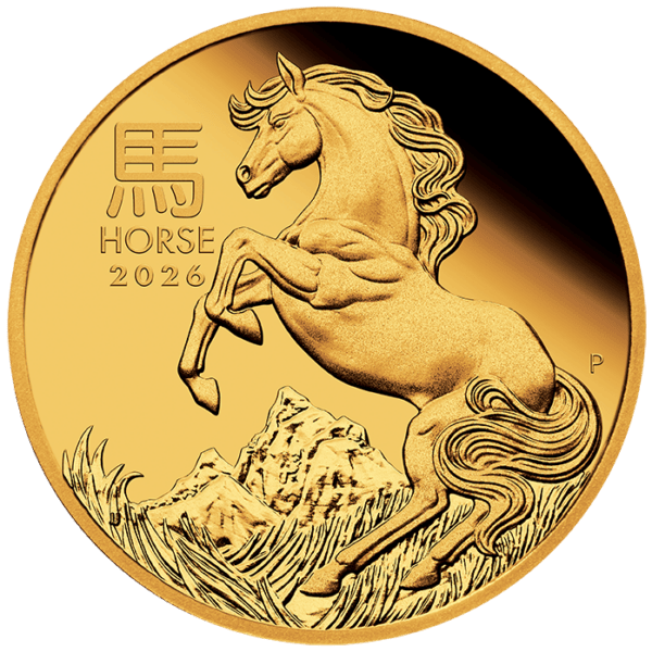 2026 Australia Lunar Series III Year of the Horse 10oz gold proof coin with rearing horse design, mountains, and clouds.