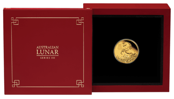 Open red display box containing the 2026 Australia Lunar Series III Year of the Horse 1/10oz gold proof coin.