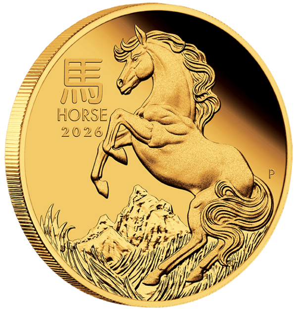2026 Australia Lunar Series III Year of the Horse 10oz gold proof coin side view with rearing horse design, mountains, and Chinese character for horse.