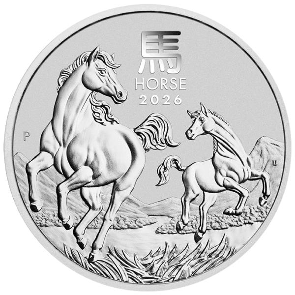Reverse of the 2026 Australia Lunar Series III Year of the Horse Silver Coin featuring two horses