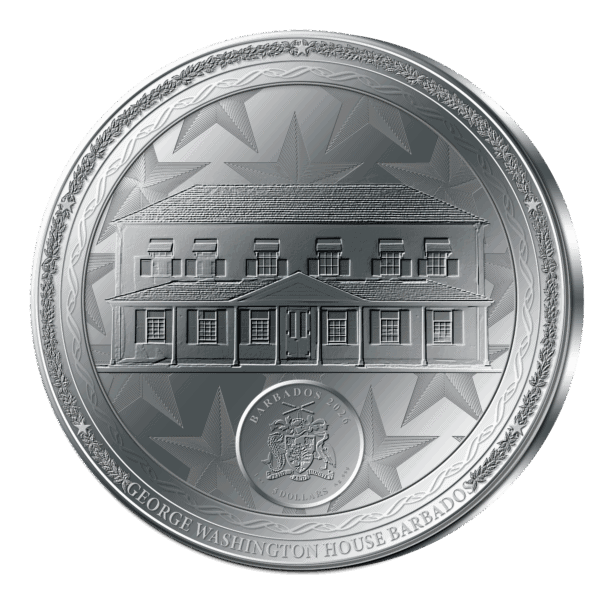 Reverse side of 2026 Barbados silver coin featuring architectural design from the 250 Years of Independence Committee of Five series.