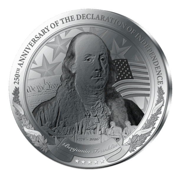 Front view of 2026 Barbados silver coin commemorating 250 Years of Independence, featuring historical figure and American flag.