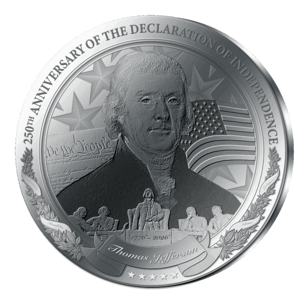 2026 Barbados silver coin commemorating 250th Anniversary of the Declaration of Independence, featuring engraved figure with American and secondary flag.
