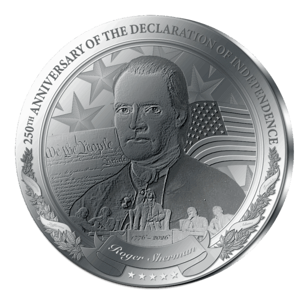 2026 Barbados silver coin commemorating 250th Anniversary of the Declaration of Independence, featuring engraved figure and American flag.