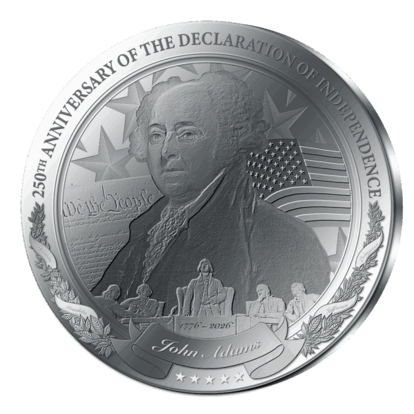 2026 Barbados silver coin commemorating 250th Anniversary of the Declaration of Independence, featuring American flag and engraved document.
