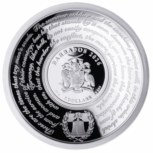 Reverse side of 2026 Barbados 50g Silver Coin featuring George Washington Crossing the Delaware with emblem and edge text