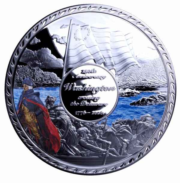 Obverse side of 2026 Barbados 50g Silver Coin featuring George Washington crossing the Delaware with engraved soldiers and American flag