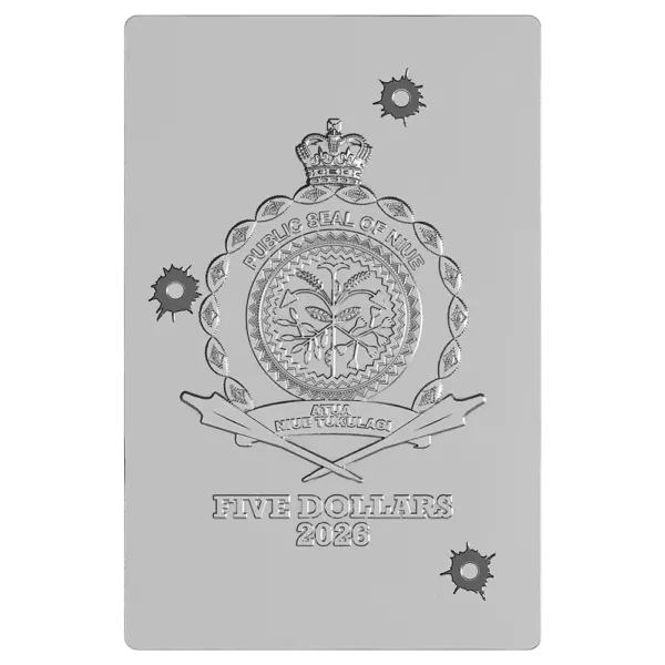 Reverse of 2026 Niue 2 oz Silver Proof Coin featuring ‘EVIL EMPIRE 2026’ inscription, emblem design, and bullet hole accents