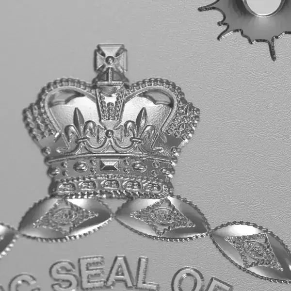 Close-up of crown detail from 2026 Niue THUG QT 2 oz Silver Proof Coin with partial ‘SEAL OF’ inscription.