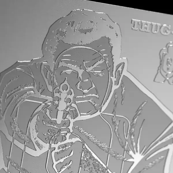 Face-on view of 2026 Niue THUG QT 2 oz Silver Proof Coin featuring engraved silhouette of person aiming a gun.