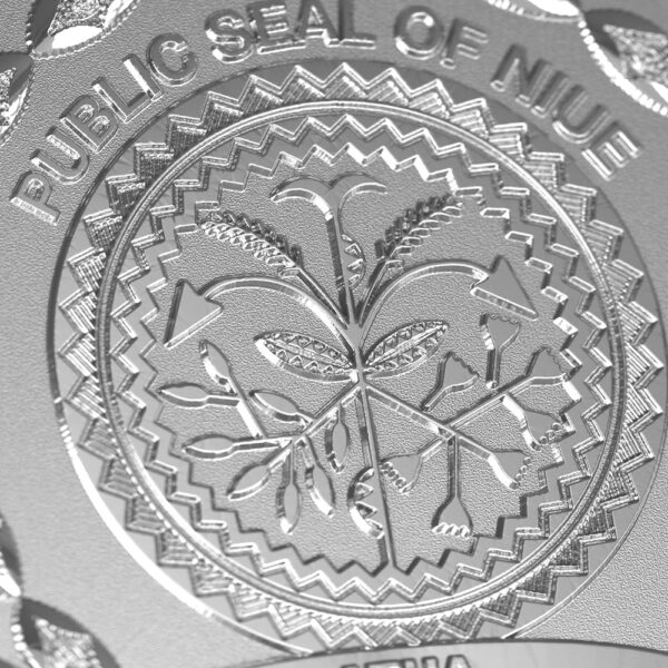Obverse of 2026 Niue 2 oz Silver Proof Coin featuring the Public Seal of Niue with palm trees and zigzag border