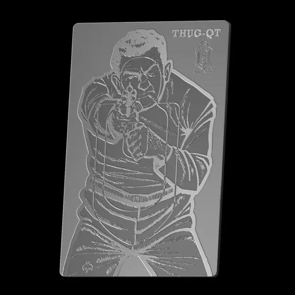 Side view of 2026 Niue THUG QT 2 oz Silver Proof Coin featuring engraved silhouette of person aiming a gun and ‘THUG-QT’ text.