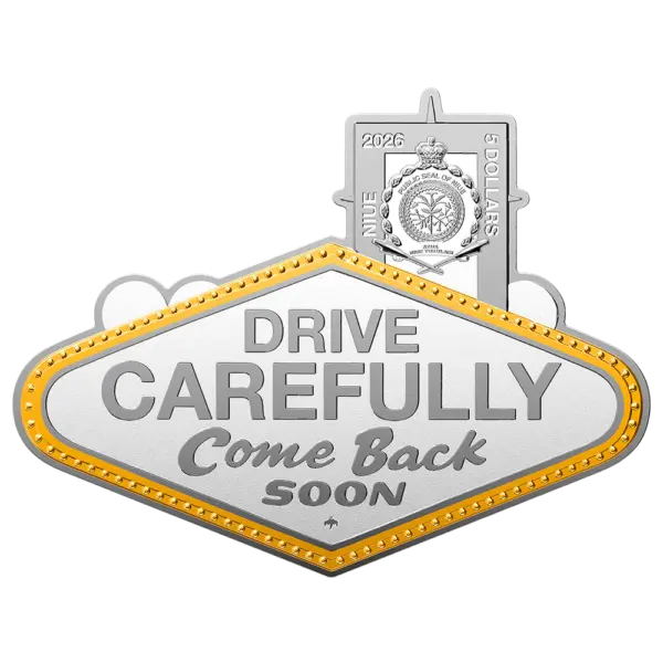 2026 Niue 2 oz Silver Colorized Gilded Coin featuring full ‘Drive Carefully Come Back Soon’ Las Vegas sign with decorative border