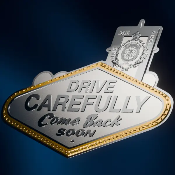 “2026 Niue 2 oz Silver Colorized Gilded Coin featuring ‘Drive Carefully Come Back Soon’ Las Vegas sign on blue background”