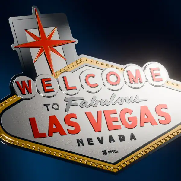 Colorized 2026 Niue 2 oz Silver Gilded Coin featuring the “Welcome to Fabulous Las Vegas Nevada” sign with blue background