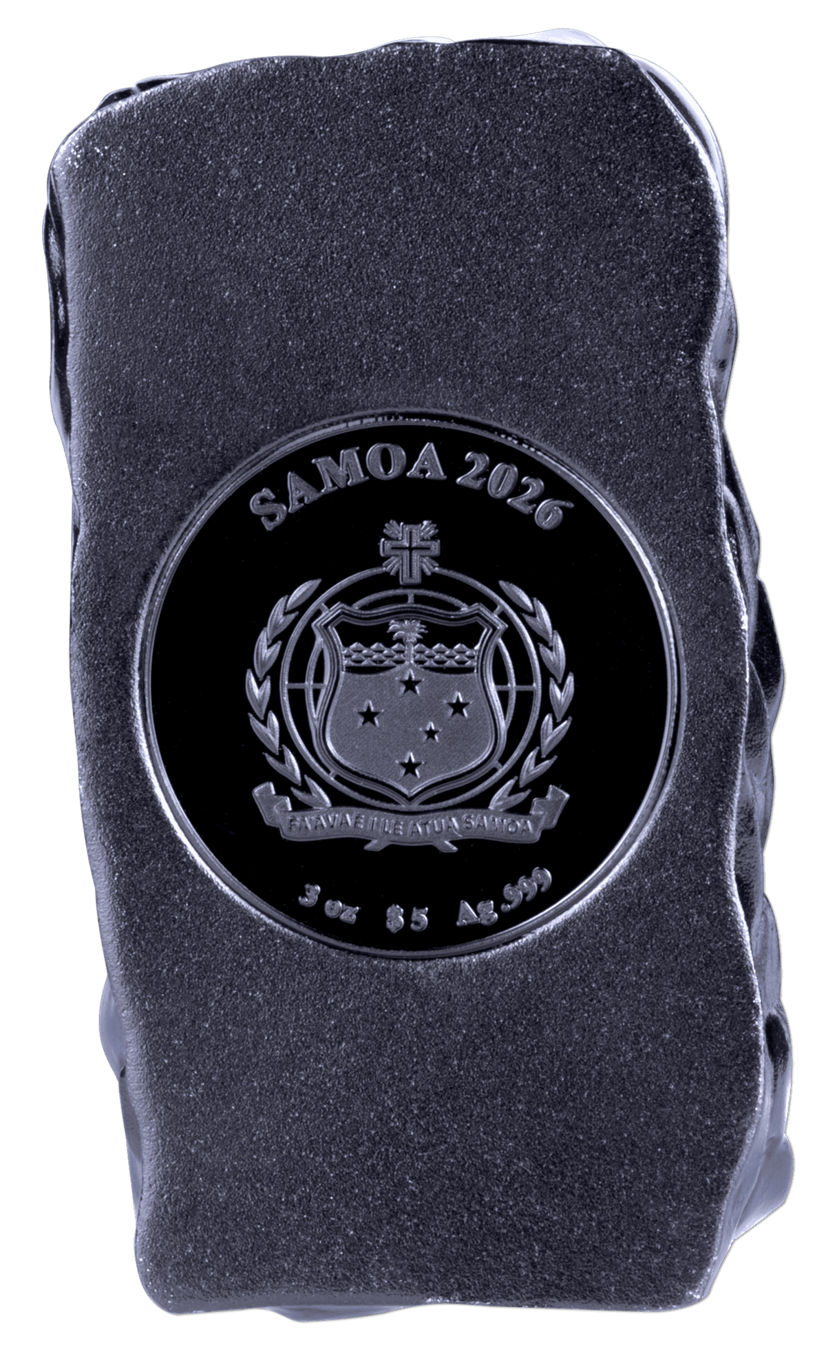 Samoa 2026 commemorative silver bar with emblem and motto "EATUAVEITUE ATU SAMOA" on a textured black surface.