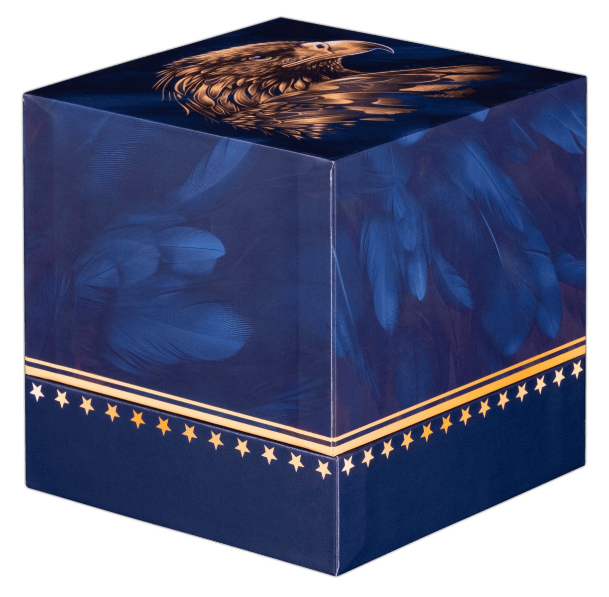 A deep blue, square-shaped collector's box with a stylized eagle design in gold on its lid. The box has a fine, shimmery texture and is designed to hold a coin.