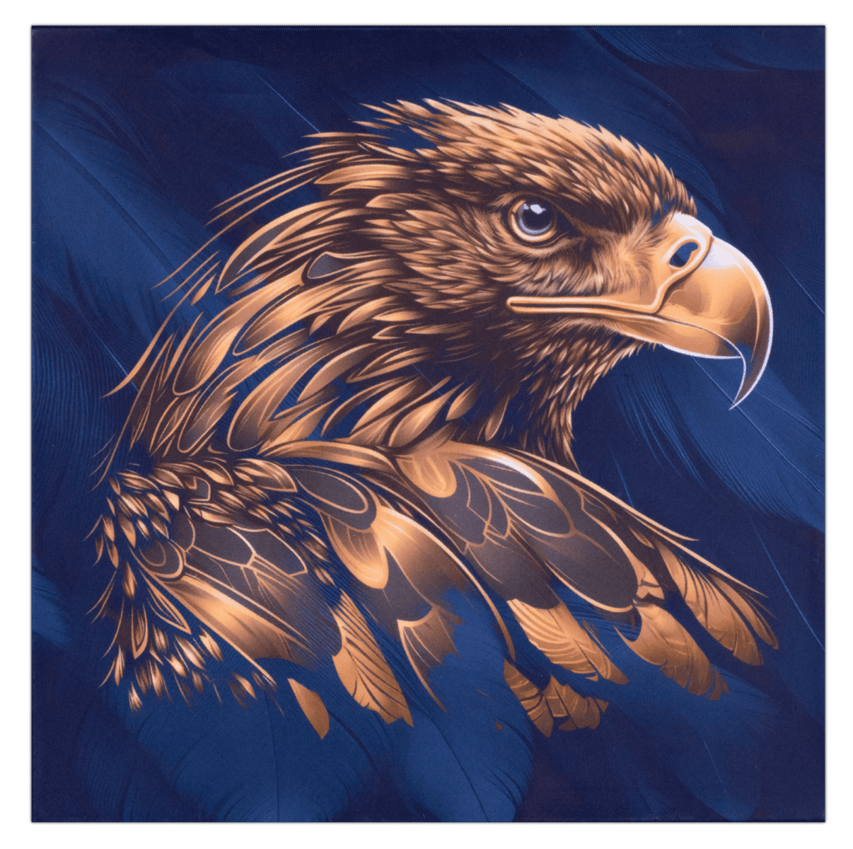 A certificate of authenticity for a coin. The certificate features a stylized, colorized depiction of an eagle's head in profile against a deep blue, textured background. The image has a metallic, gilded sheen.