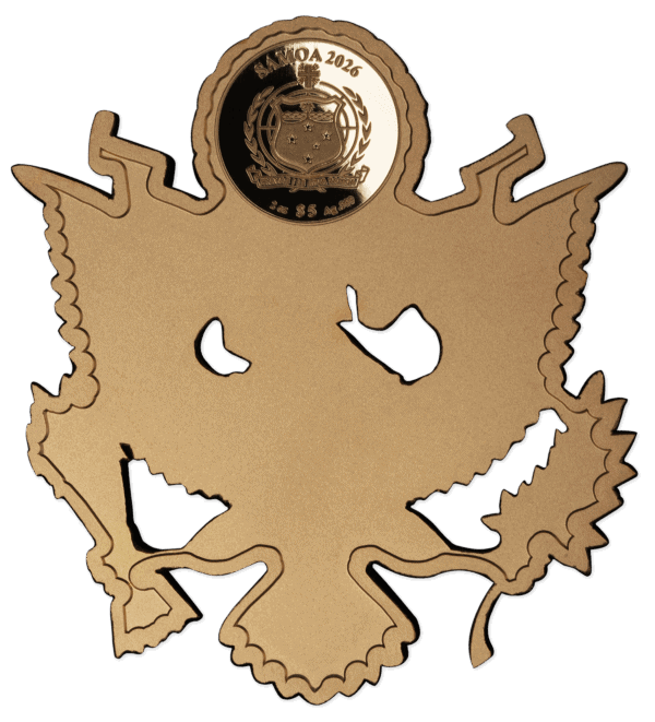 Reverse side of 2026 Samoa 2 oz Silver Shaped Gilded Coin featuring the Great Seal of the United States with eagle design